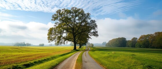 road through green fields with an oak tree on one side