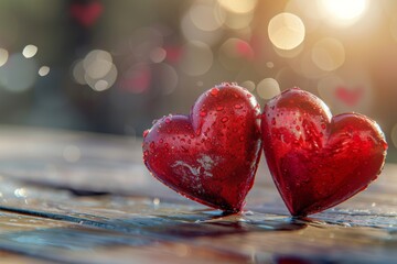 Fototapeta premium Pair of red hearts on table with water drops