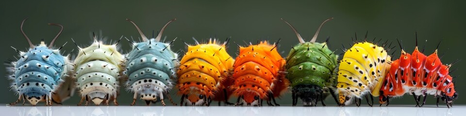 Obraz premium A row of vibrant caterpillars on a white surface, creating a colorful display