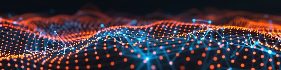 Obraz premium Dynamic technology background featuring orange and blue dots connected in a detailed plexus network