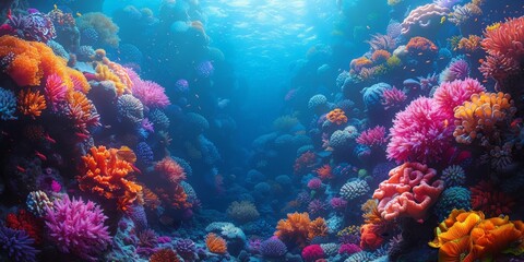 Fototapeta premium Colorful coral reef in ocean with sun shining through water
