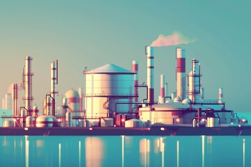 Obraz premium Oil & Gas Power Plant Refinery: Storage Tanks, Petrochemical Factory, Price Chart Banner