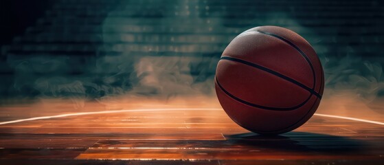 basketball sits in front of a dark wood floor