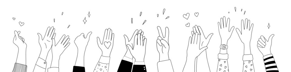 Doodle sketch hands up gestures comic icons silhouettes vector set. Group of line art fun comic hands in the air. Voting or happy congratulation audience recognition symbols.