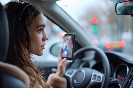 Driving woman distracted by phone in car