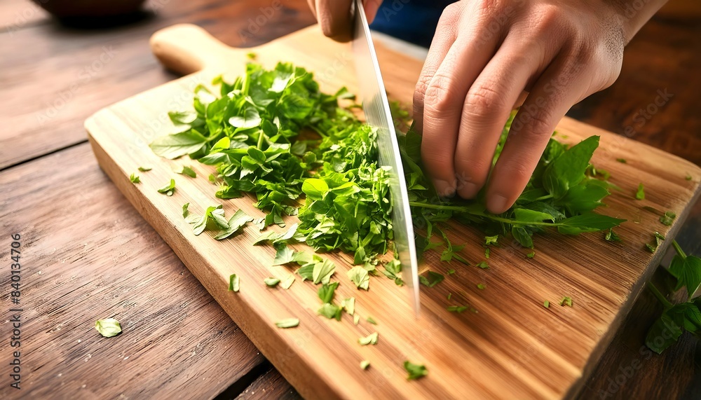 Wall mural A close-up shot of fresh herbs being chopped on a wooden cutting board, vibrant green leaves and detailed textures. 1