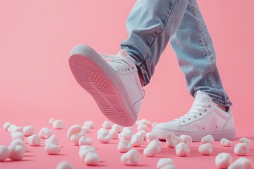 Person stepping into chewing gum on pink background, closeup