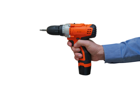 electric drill in hands,a man holds a cordless screwdriver in his hands isolated on a white background
