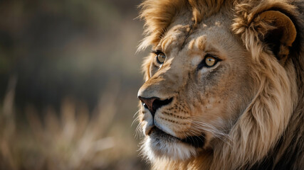 Fototapeta premium Majestic Male Lion with Lush Mane and Prominent Negative Space in the African Savanna