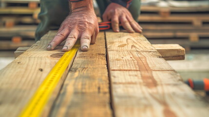 Carpenter measuring a wooden plank with a tape measure