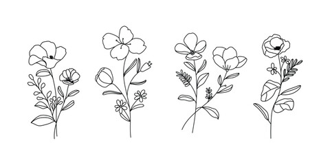 minimal line flower and botanical graphic sketch drawing, trendy tiny tattoo design, floral elements vector illustration © babeer