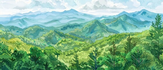 scenic Mountains, park lush forests, winding trails, watercolor 