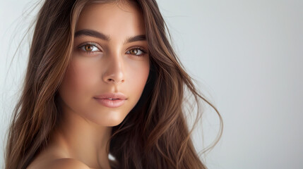 Naklejka premium Caucasian woman with long hair. Her features are elegant and serene, exuding a sense of confidence and beauty.