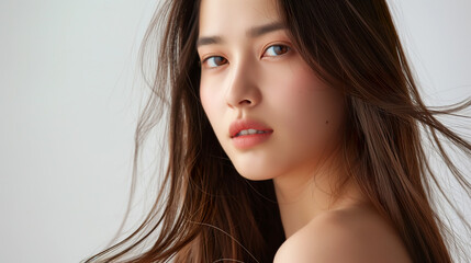 Naklejka premium Asian woman with long hair. Her features are elegant and serene, exuding a sense of confidence and beauty.