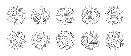 Circular wood rings or topographic map lines texture set. Wood tree topographic abstract lines collection flat style design vector illustration contour isolated pattern design.