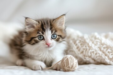 A fluffy brown and white tabby Maine Coon kitten with blue eyes playing with a ball of twine on a soft white surface