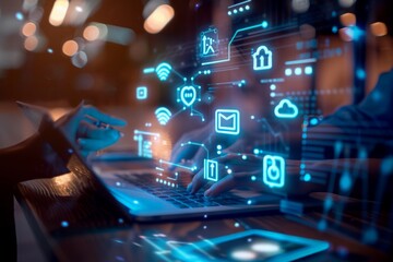 Executive utilizing internet-based training platforms and e-learning symbols. Increase business working skills. Education internet technology