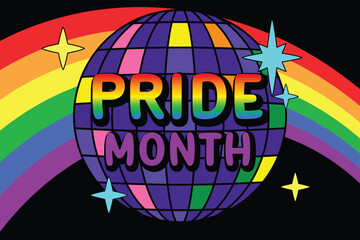 Rainbow illustration with colorful shining disco ball. Pride month celebration background vector illustration.