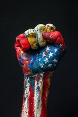 Hand clenched into a fist, painted with the colors of the AMERICAN flag