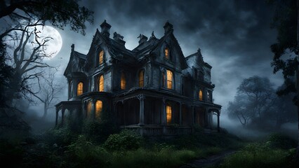 Spooky Haunted House Moonlit Night With Eerie Fog Wide Angle Lens. Generative AI