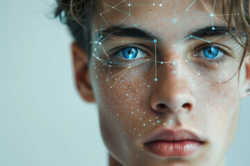 Identification, personality recognition using artificial intelligence. A man's face with lines of neural connections on a blurred background. Face ID and password concept.