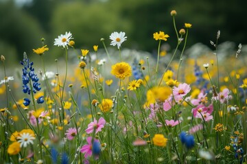 Vibrant colorful flowers in a green and yellow field