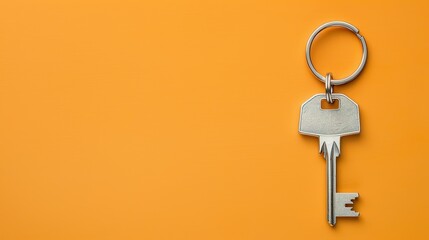 A silver key to a house, attached to a keychain on an orange solid background. Perfect for business, property, and real estate related contents.