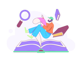World Book Day Reading Character Flat Vector Concept Operation Hand Drawn Illustration
