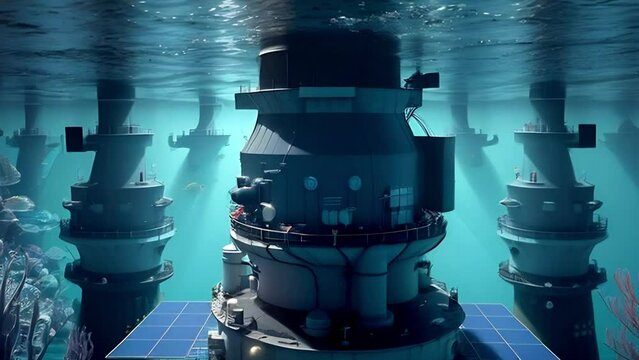Turbines of a tidal power plant underwater. Alternative energy sources.  