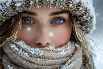 Woman in scarf and hat with snowy face