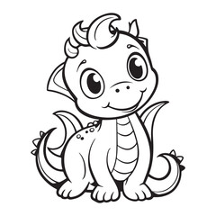 Cute cartoon baby dragon design for kids coloring book, black vector illustration on white background