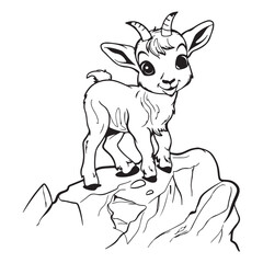 Cute cartoon baby goat design for kids coloring book, black vector illustration on white background