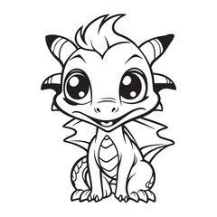 Cute cartoon baby dragon design for kids coloring book, black vector illustration on white background