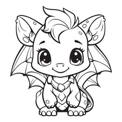 Cute cartoon baby dragon design for kids coloring book, black vector illustration on white background