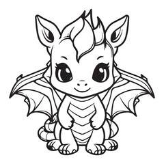 Cute cartoon baby dragon design for kids coloring book, black vector illustration on white background
