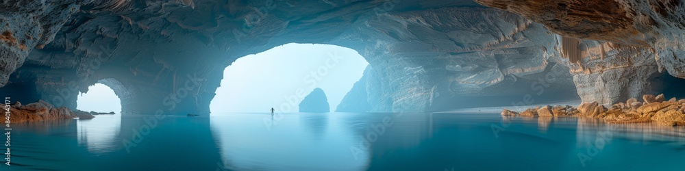 Wall mural Person paddle boarding in cave surrounded by water and natural landscape