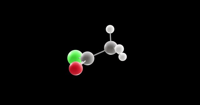 Acetyl chloride molecule, rotating 3D model of acyl chloride, looped video on a black background