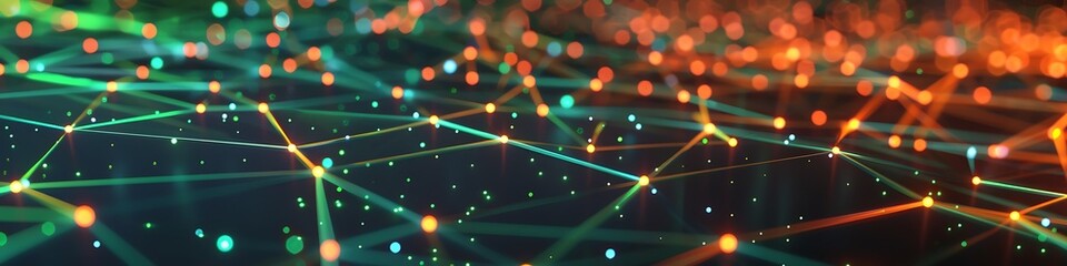 Futuristic technology background featuring orange and green dot connections forming an intricate...