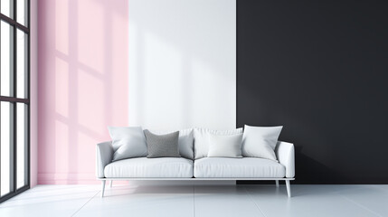 Minimalist living room and white sofa with black and pink wall behind it