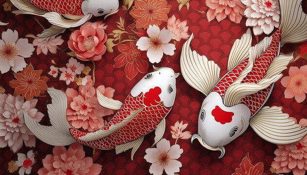 Asian background , Oriental Japanese style abstract pattern background design with koi fish decorate , gold and navy blue colours red colours Vintage water and river template