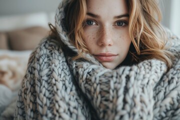 Female in blanket facing camera