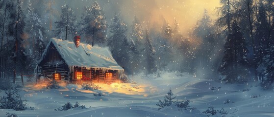 A rustic cabin in the snow with icicles hanging from the roof, surrounded by a winter forest, Realism, Digital painting, Earthy tones, Cozy atmosphere