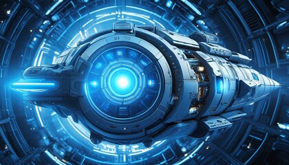 Obraz premium Futuristic Voyage: Blue Spaceship with Glowing Engines in Outer Space