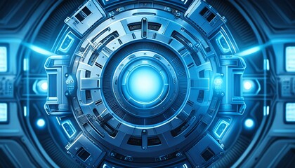 Obraz premium Futuristic Voyage: Blue Spaceship with Glowing Engines in Outer Space