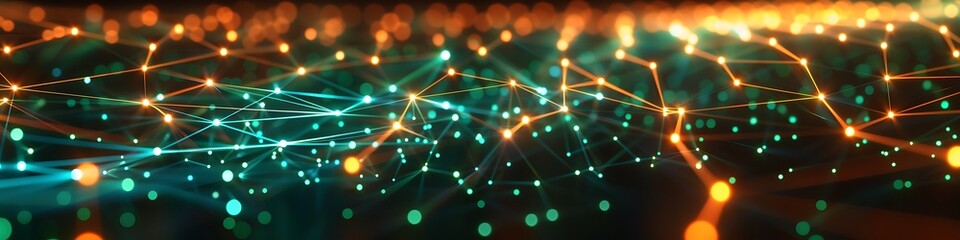 Fototapeta premium Futuristic technology background featuring orange and green dot connections forming an intricate plexus network