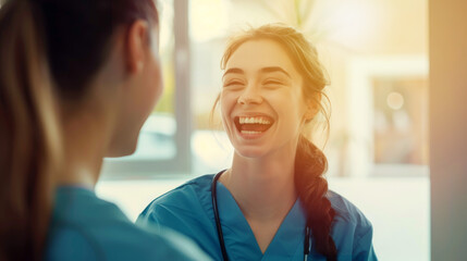 Fototapeta premium Two Nurses Sharing a Laugh During a Break