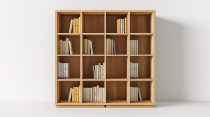 Minimalist wooden bookshelf with arranged books on white background, perfect for library or minimalist interior decor.