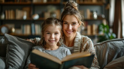 Obraz premium Happy mother and daughter reading a book together on a couch.