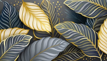 Elegant tropical leaves with golden and silver  abstract background. wallpaper 