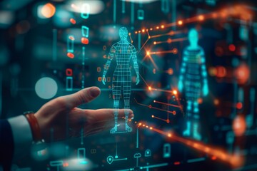 Recruitment concept of hiring of a new talented specialists for international company. Handshake as a concept of agreement to sign an employment contract. Social media hologram icons